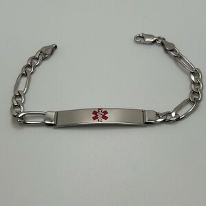 NEW - Unisex Silver Rhodium Plated Figaro Chain Medical ID Bracelet 8” Long